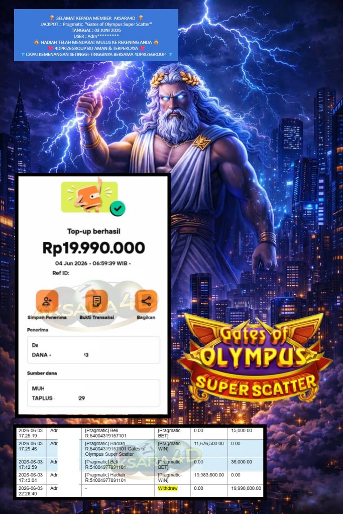 AKSARA4D JACKPOT PRAGMATIC “Gates of Olympus Super Scatter”‎‏‏‎‎ Rp19.990.000,- LUNAS