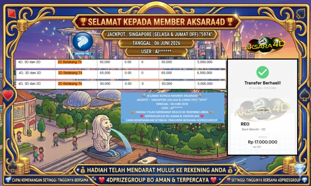 AKSARA4D JACKPOT SINGAPORE (SELASA & JUMAT OFF) “5974” Rp17.000.000,- LUNAS