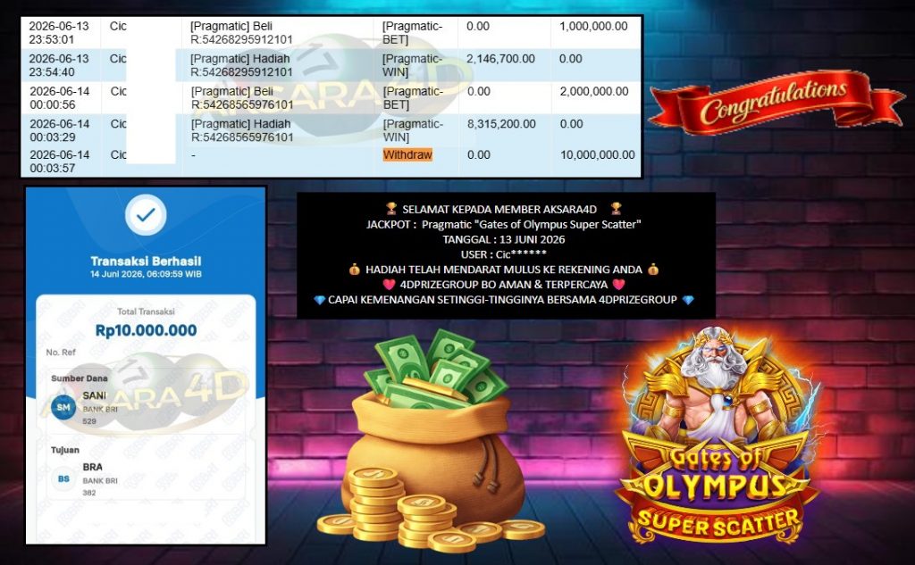 AKSARA4D JACKPOT PRAGMATIC “Gates of Olympus Super Scatter” Rp10.000.000,- LUNAS