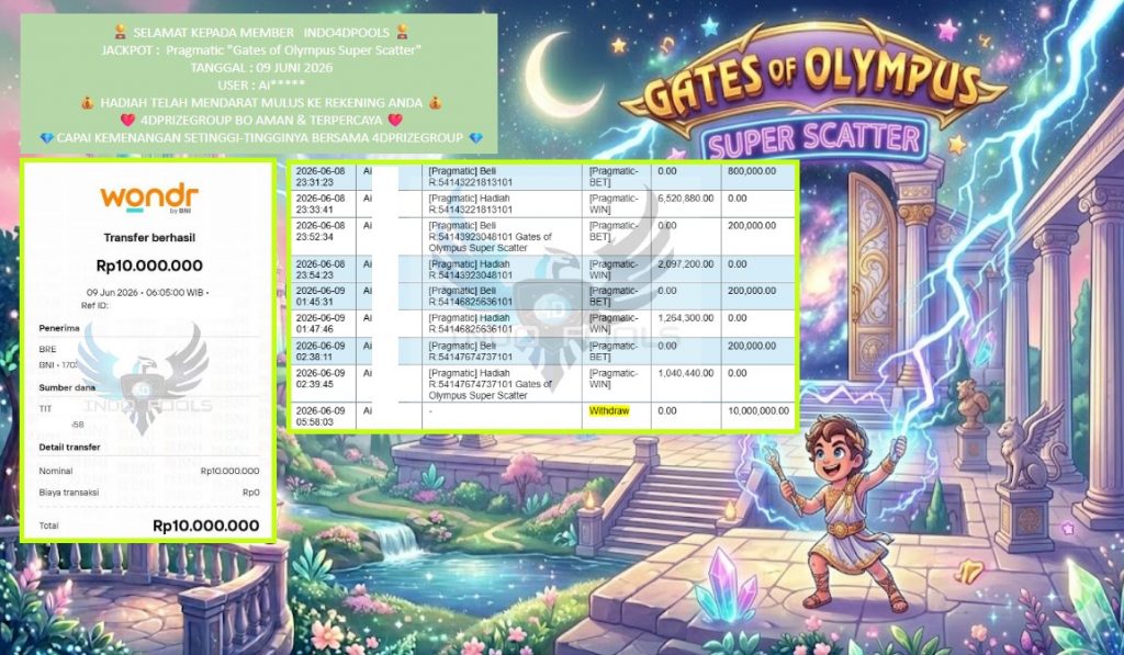 INDO4DPOOLS JACKPOT Pragmatic βGates of Olympus Super Scatterβ Rp10.000.000,- LUNAS