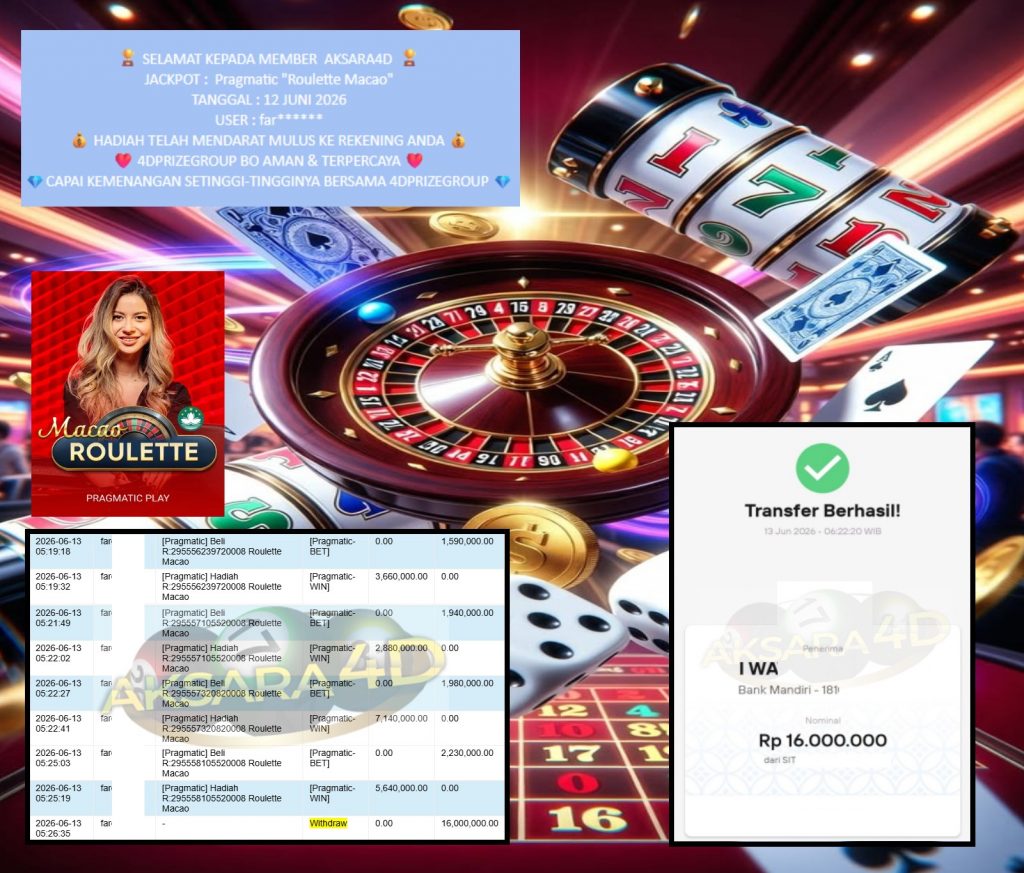 AKSARA4D JACKPOT Pragmatic βRoulette Macaoβ Rp16.000.000,- LUNAS