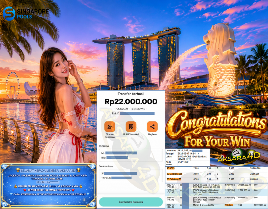 AKSARA4D JACKPOT PASARAN ” SINGAPORE POOLS (SELASA & JUMAT OFF) ”4505” ” Rp 22,000,000,- LUNAS