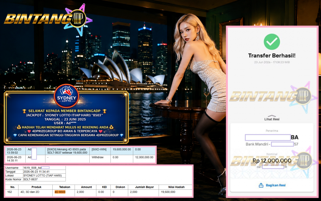 BINTANG4DP JACKPOT SYDNEY LOTTO (TIAP HARI) “8503”‎‏‏‎ Rp12.000.000,- LUNAS