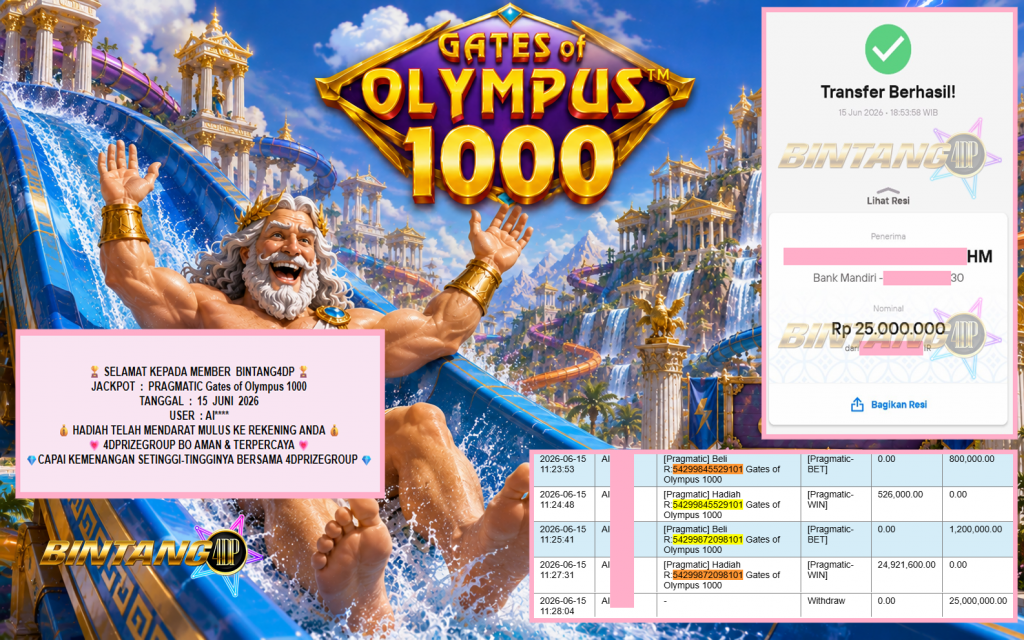 BINTANG4DP JACKPOT PRAGMATIC “Gates of Olympus 1000″‎‏‏‎‎ Rp25.000.000,- LUNAS