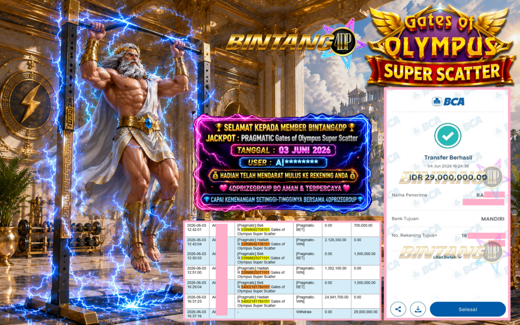 BINTANG4DP JACKPOT PRAGMATIC “Gates of Olympus Super Scatter”‎‏‏‎‎ Rp29.000.000,- LUNAS