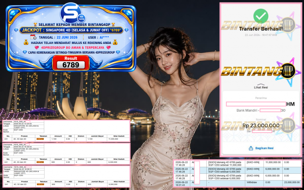 BINTANG4DP JACKPOT SINGAPORE 4D (SELASA & JUMAT OFF) “6789”‎‏‏‎ Rp23.000.000,- LUNAS