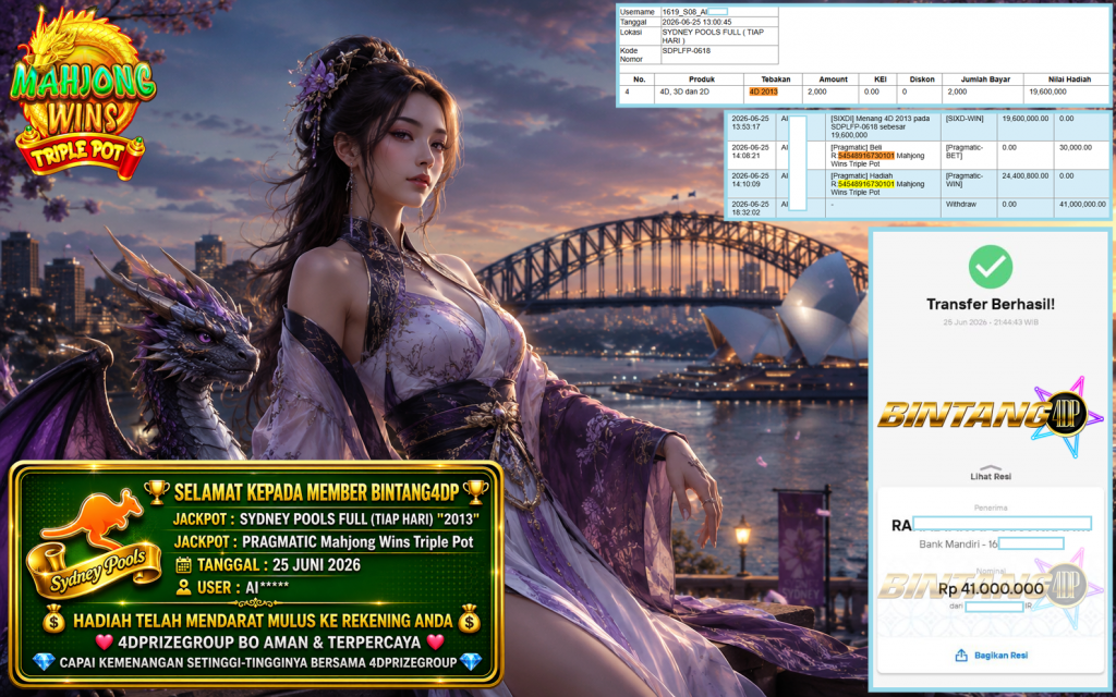 BINTANG4DP JACKPOT SYDNEY POOLS FULL (TIAP HARI) “2013” & PRAGMATIC Mahjong Wins Triple Pot Rp41.000.000,- LUNAS
