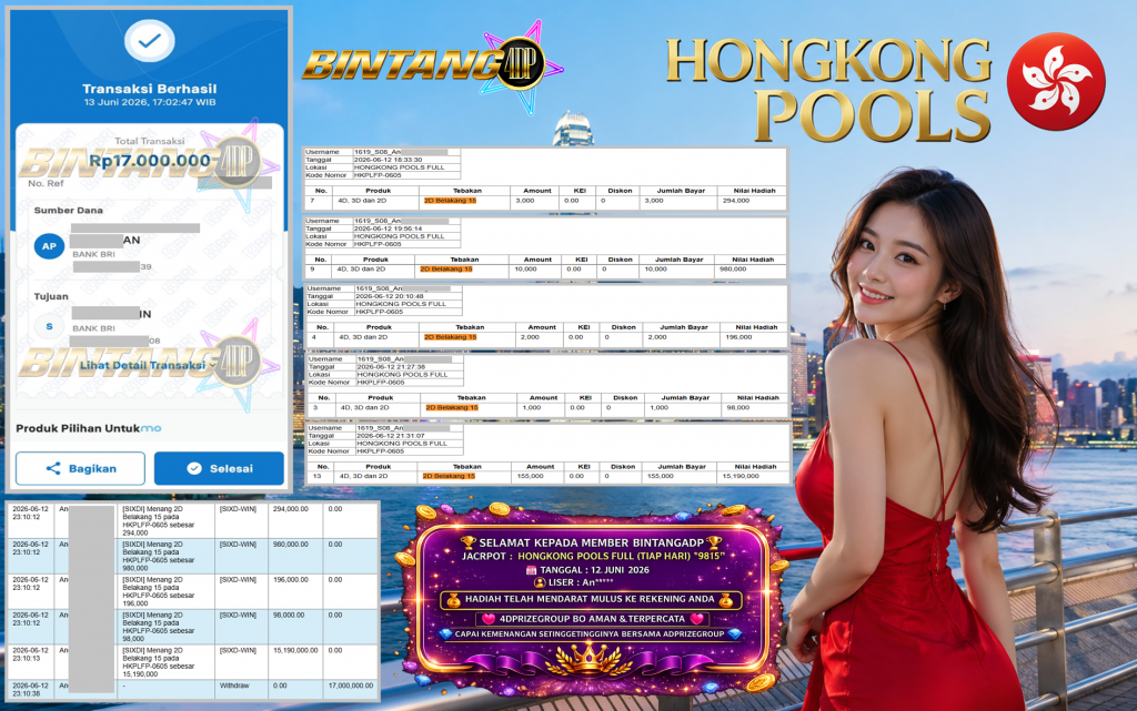 BINTANG4DP JACKPOT HONGKONG POOLS FULL (TIAP HARI) “9815” Rp17.000.000,- LUNAS