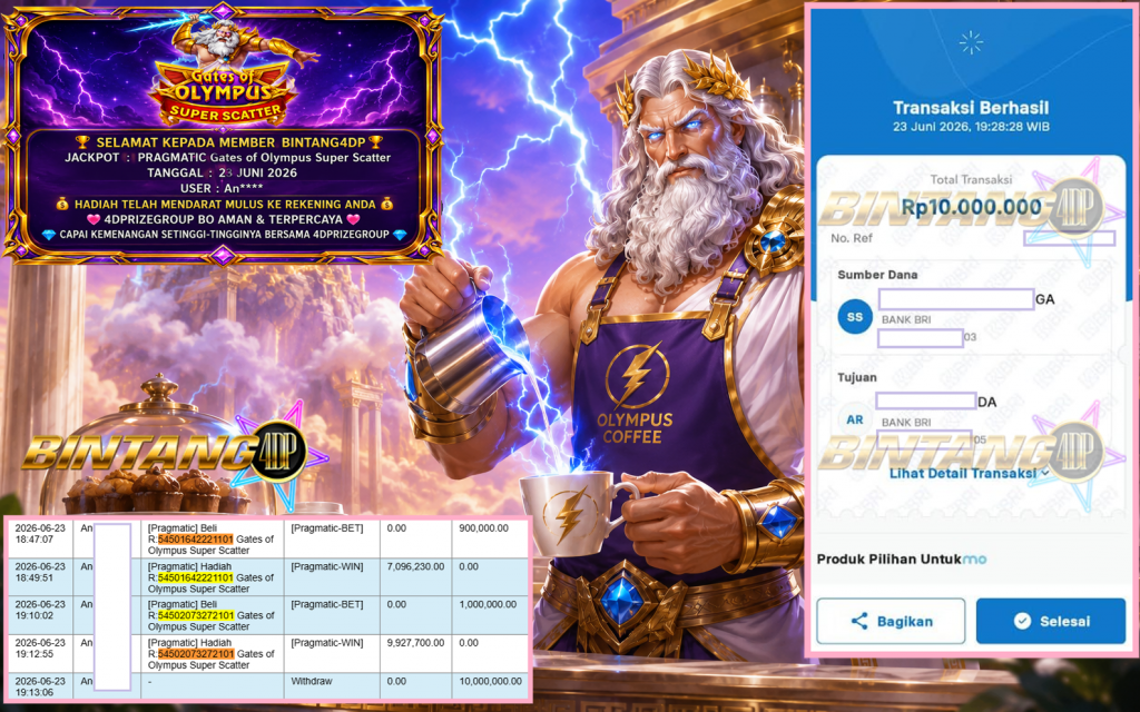 BINTANG4DP JACKPOT PRAGMATIC “Gates of Olympus Super Scatter” Rp10.000.000,- LUNAS