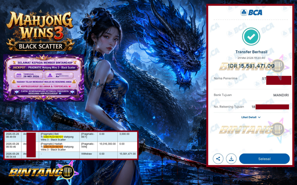 BINTANG4DP JACKPOT PRAGMATIC “Mahjong Wins 3 – Black Scatter”‎‏‏‎‎ Rp15.581.471,- LUNAS