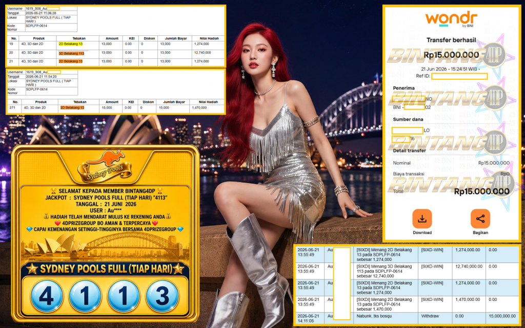 BINTANG4DP JACKPOT SYDNEY POOLS FULL (TIAP HARI) “4113”‎‏‏‎ Rp15.000.000,- LUNAS