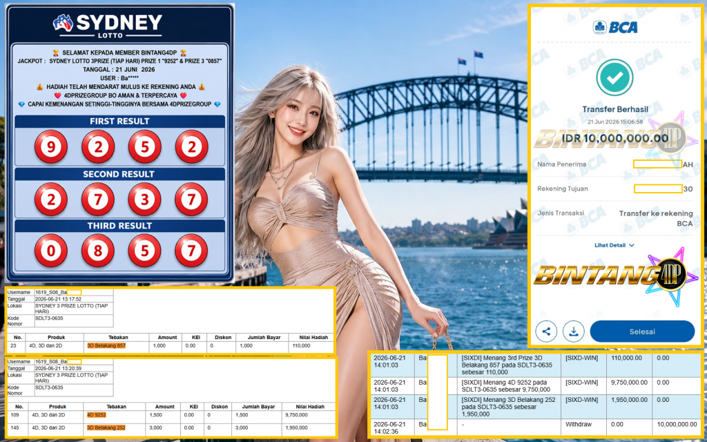 BINTANG4DP JACKPOT SYDNEY LOTTO 3PRIZE (TIAP HARI) PRIZE 1 “9252” & PRIZE 3 “0857”‎‏‏‎ Rp10.000.000,- LUNAS