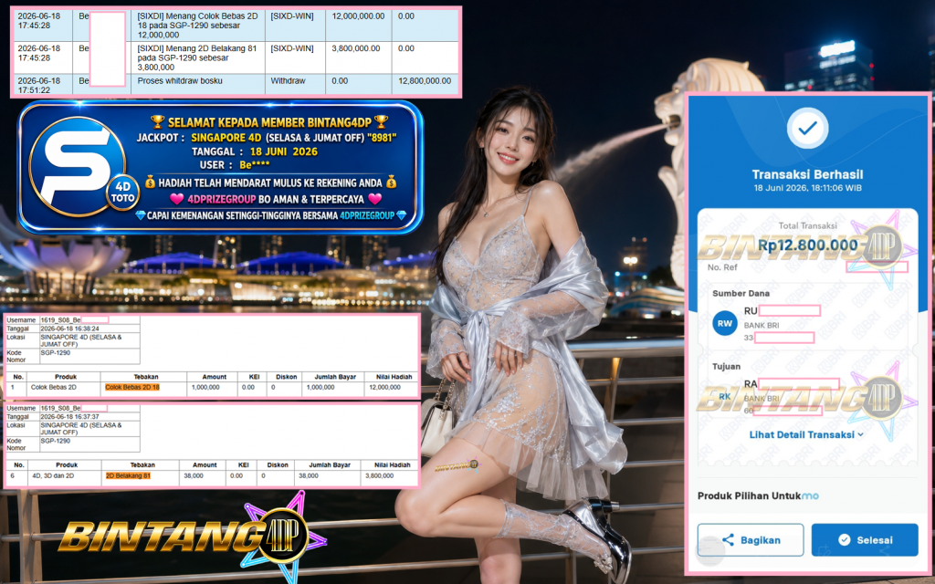 BINTANG4DP JACKPOT SINGAPORE 4D (SELASA & JUMAT OFF) β8981βββββ Rp12.800.000,- LUNAS