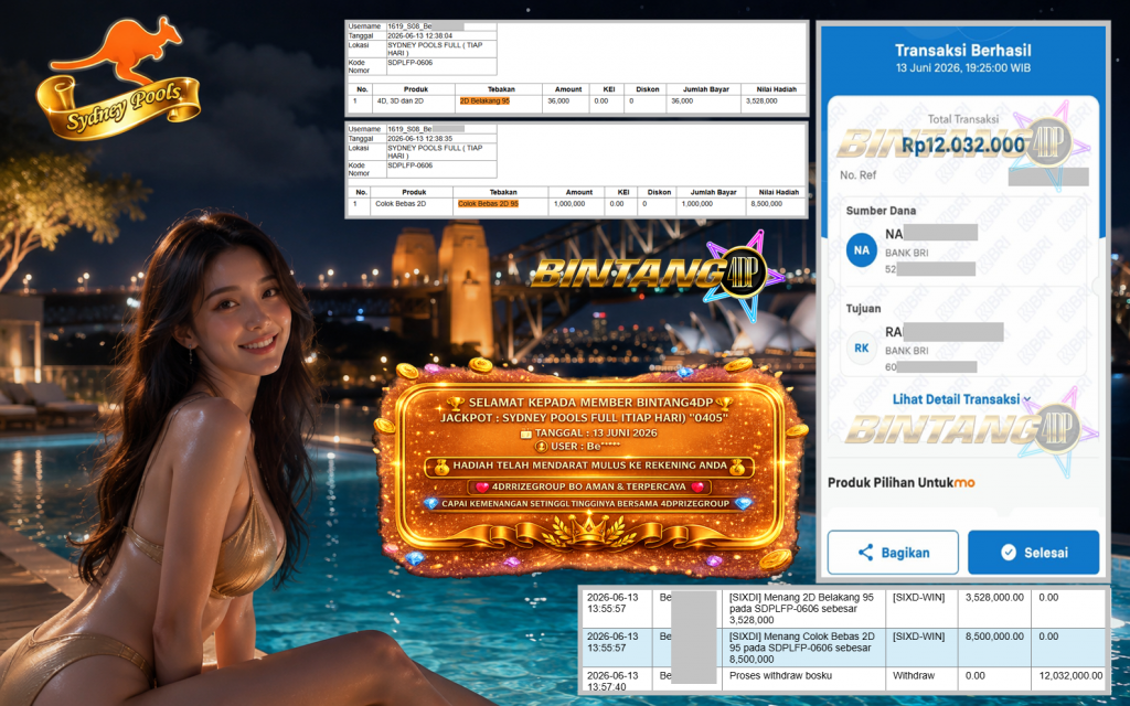 BINTANG4DP JACKPOT SYDNEY POOLS FULL (TIAP HARI) β0495βββββ Rp12.032.000,- LUNAS