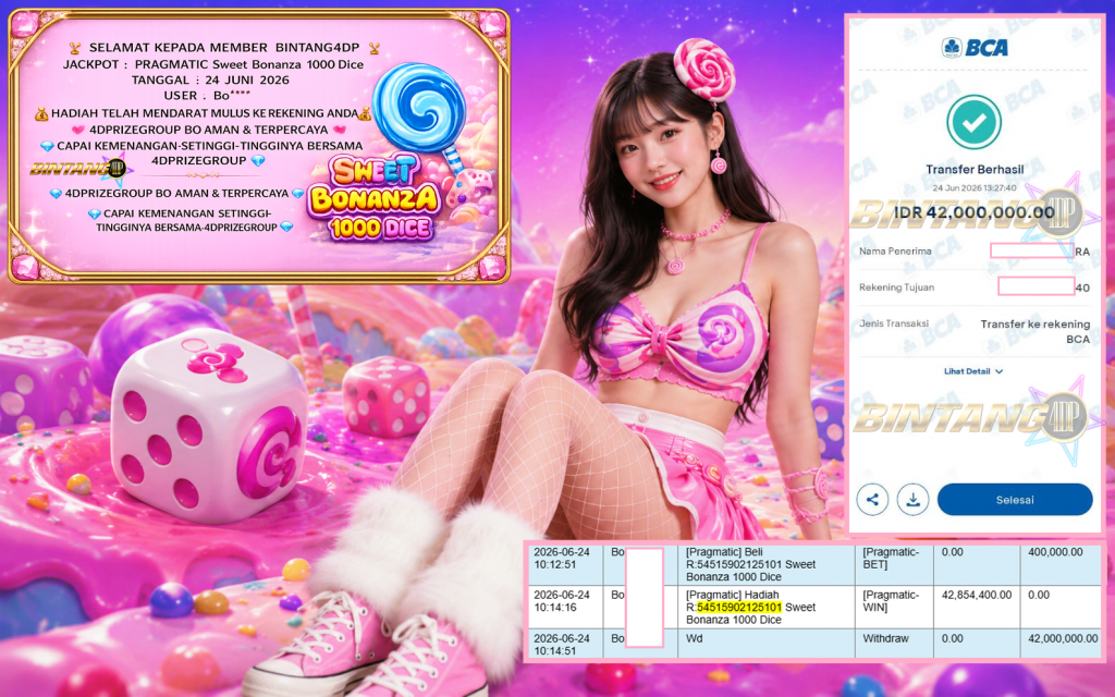 BINTANG4DP JACKPOT PRAGMATIC “Sweet Bonanza 1000 Dice” Rp42.000.000,- LUNAS