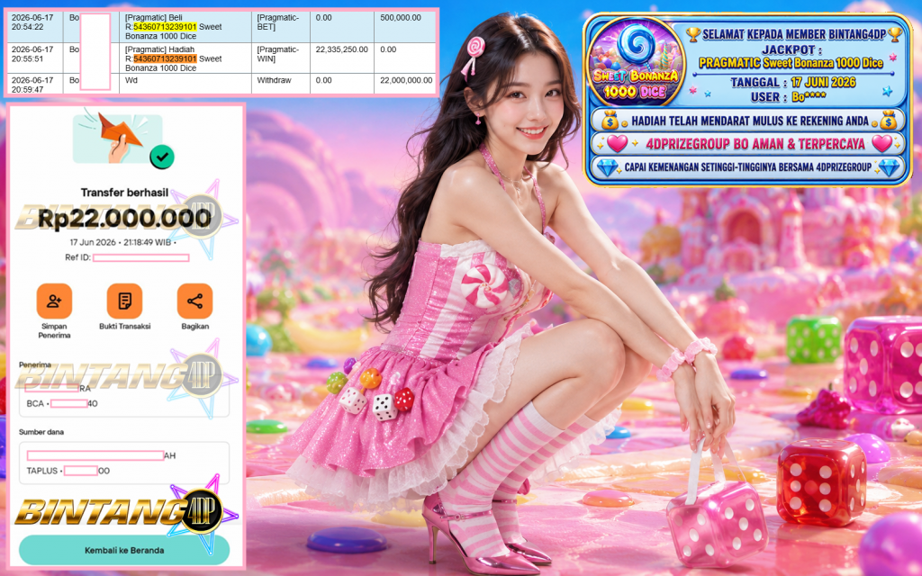 BINTANG4DP JACKPOT PRAGMATIC “Sweet Bonanza 1000 Dice” Rp22.000.000,- LUNAS