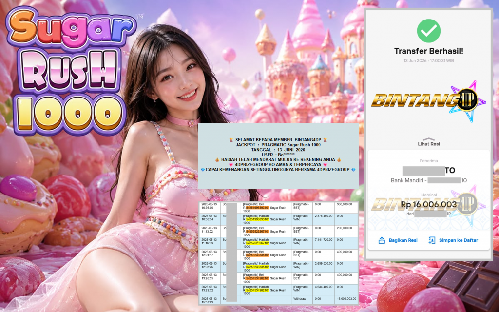 BINTANG4DP JACKPOT PRAGMATIC “Sugar Rush 1000″ Rp16.006.003,- LUNAS