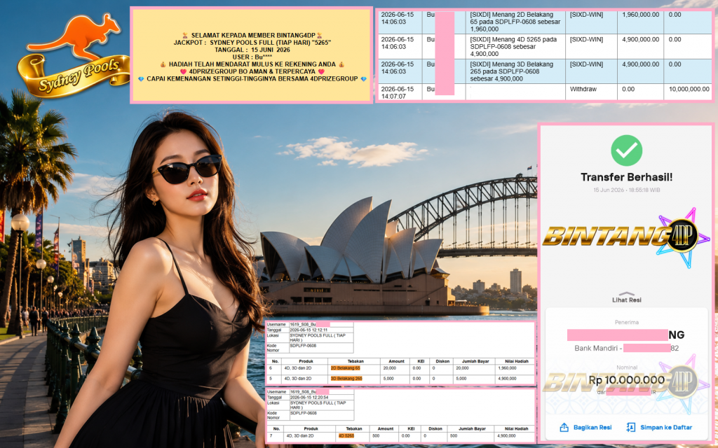 BINTANG4DP JACKPOT SYDNEY POOLS FULL (TIAP HARI) “5265”‎‏‏‎ Rp10.000.000,- LUNAS