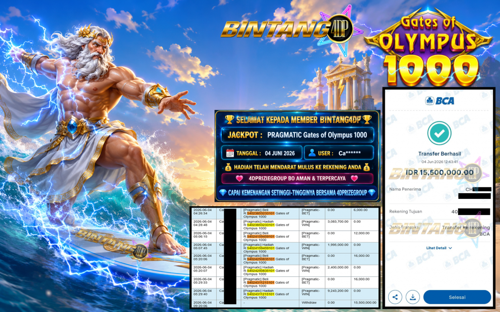 BINTANG4DP JACKPOT PRAGMATIC “Gates of Olympus 1000″‎‏‏‎‎ Rp15.500.000,- LUNAS