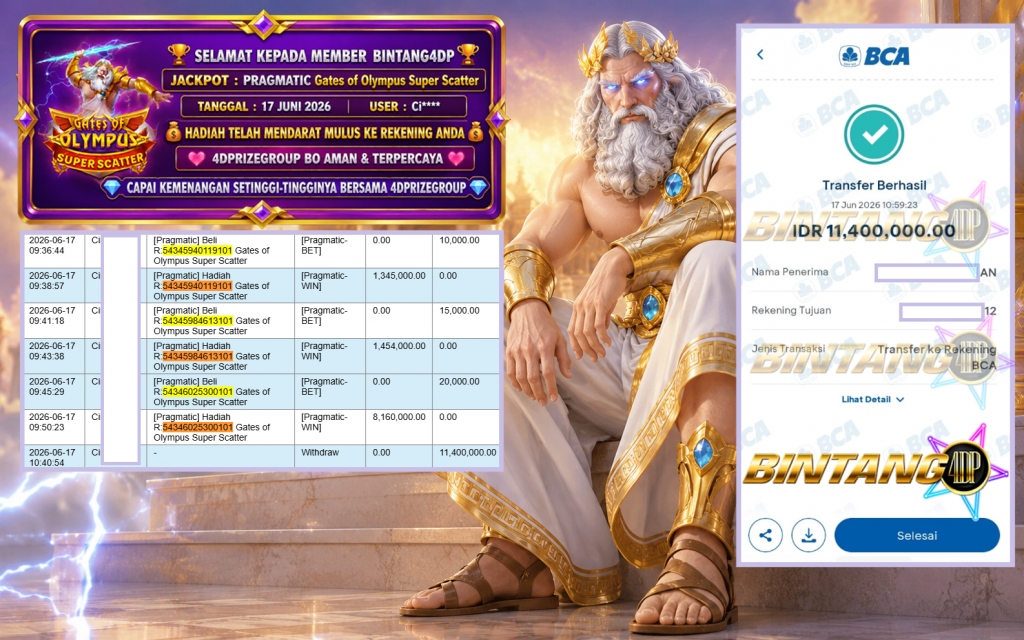 BINTANG4DP JACKPOT PRAGMATIC “Gates of Olympus Super Scatter”‎‏‏‎‎ Rp11.400.000,- LUNAS