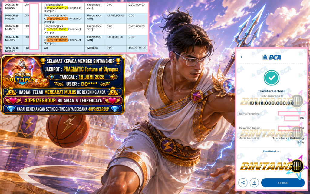 BINTANG4DP JACKPOT PRAGMATIC “Fortune of Olympus” Rp18.000.000,- LUNAS