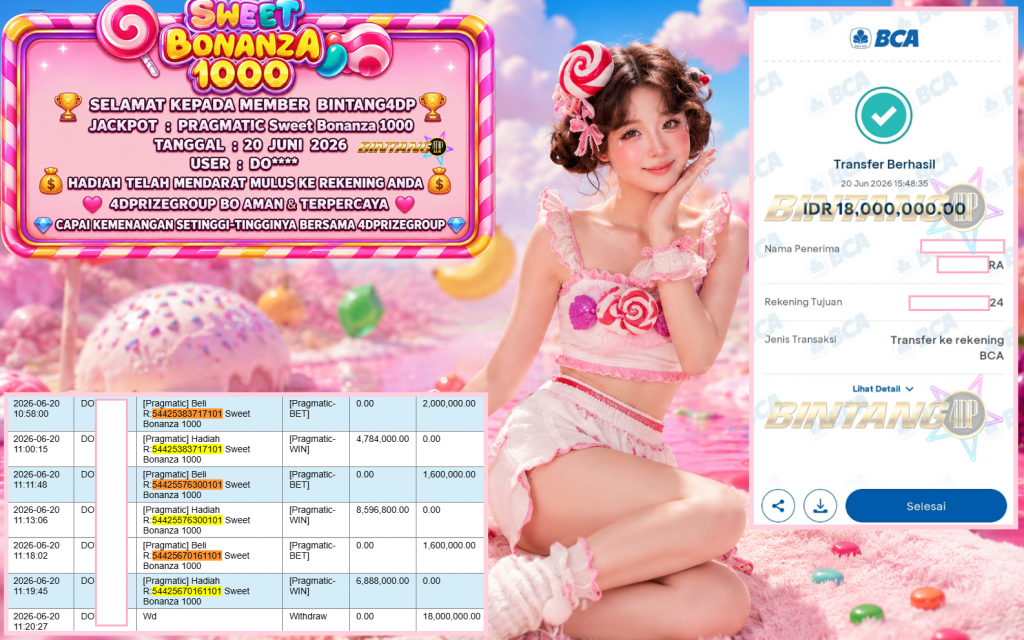 BINTANG4DP JACKPOT PRAGMATIC “Sweet Bonanza 1000″ Rp18.000.000,- LUNAS
