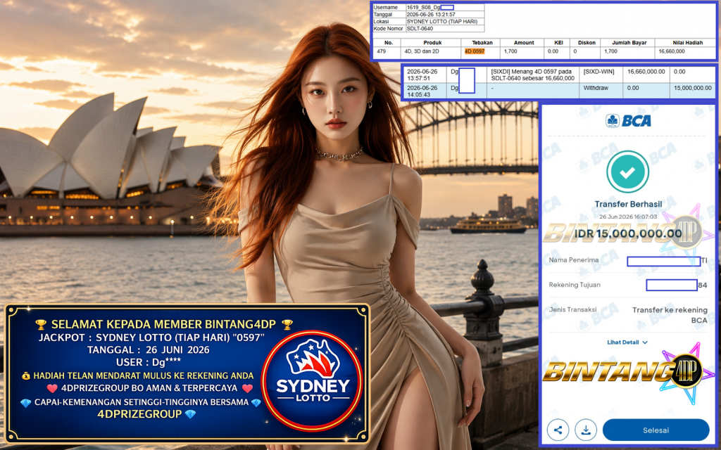 BINTANG4DP JACKPOT SYDNEY LOTTO (TIAP HARI) “0597”‎‏‏‎ Rp15.000.000,- LUNAS