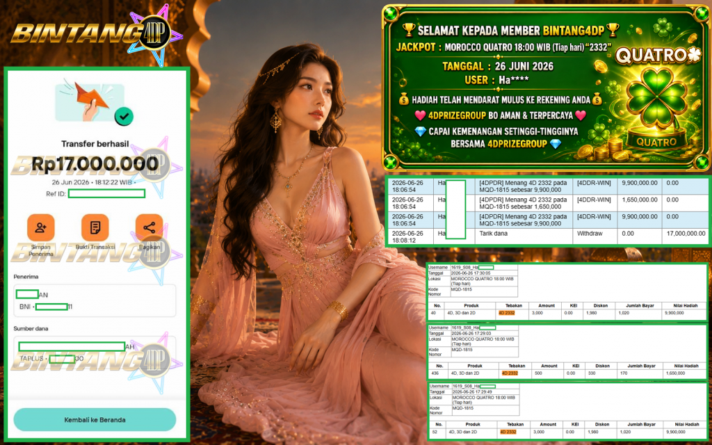 BINTANG4DP JACKPOT PASARAN MOROCCO QUATRO 18:00 WIB (Tiap hari) “2332”‎‏‏‎ Rp17.000.000,- LUNAS