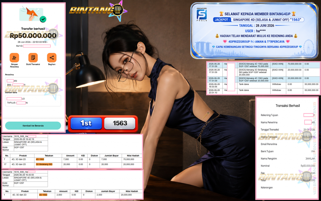 BINTANG4DP JACKPOT SINGAPORE 4D (SELASA & JUMAT OFF) “1563”‎‏‏‎ Rp100.000.000,- LUNAS