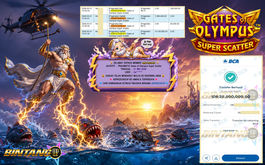 BINTANG4DP JACKPOT PRAGMATIC “Gates of Olympus Super Scatter”‎‏‏‎‎ Rp20.000.000,- LUNAS