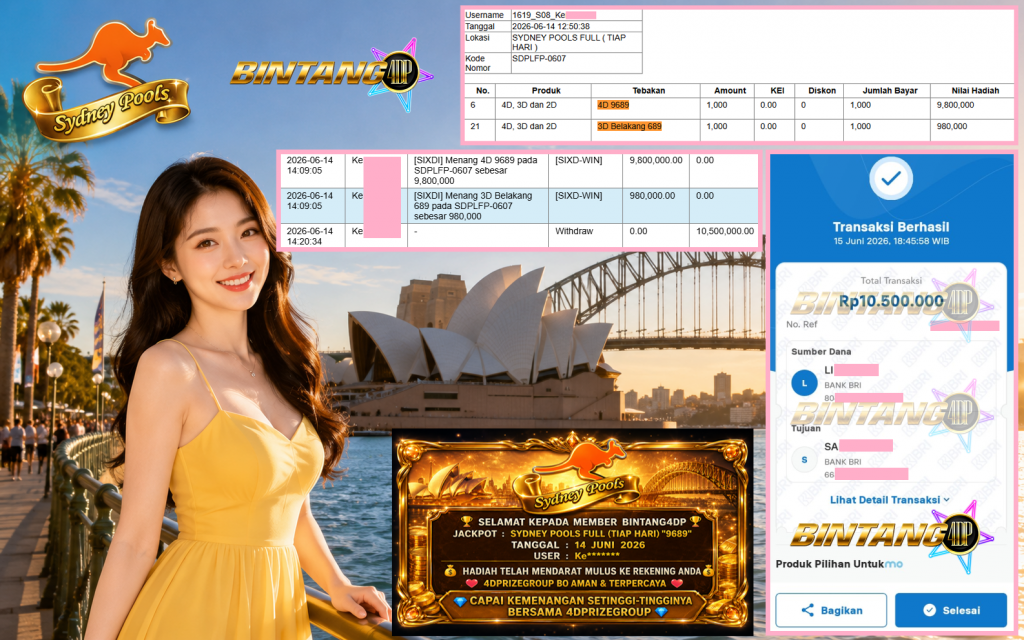 BINTANG4DP JACKPOT SYDNEY POOLS FULL (TIAP HARI) “9689”‎‏‏‎ Rp10.500.000,- LUNAS