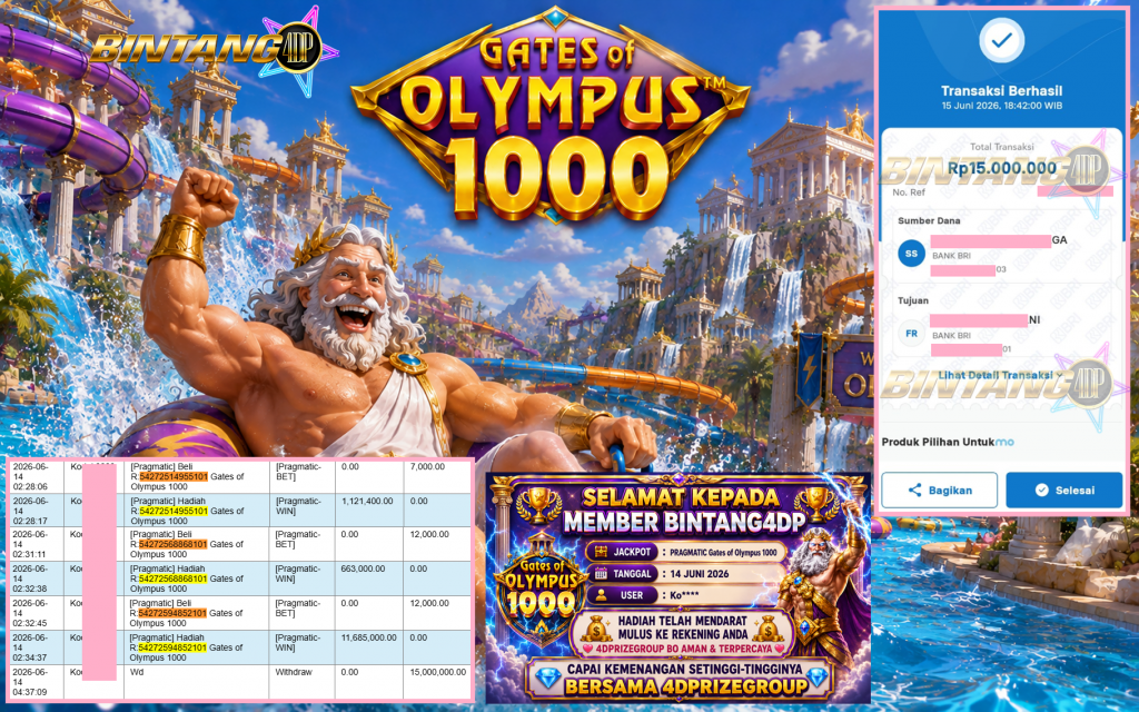 BINTANG4DP JACKPOT PRAGMATIC “Gates of Olympus 1000″‎‏‏‎‎ Rp15.000.000,- LUNAS