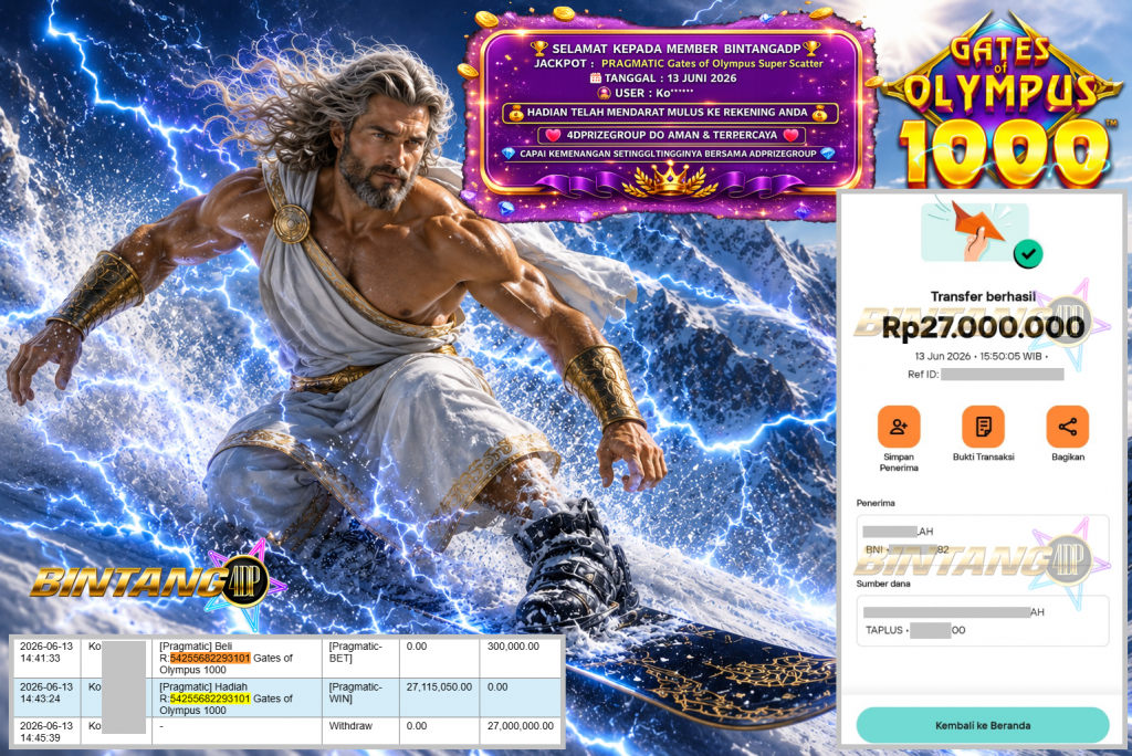 BINTANG4DP JACKPOT PRAGMATIC “Gates of Olympus 1000″ Rp27.000.000,- LUNAS