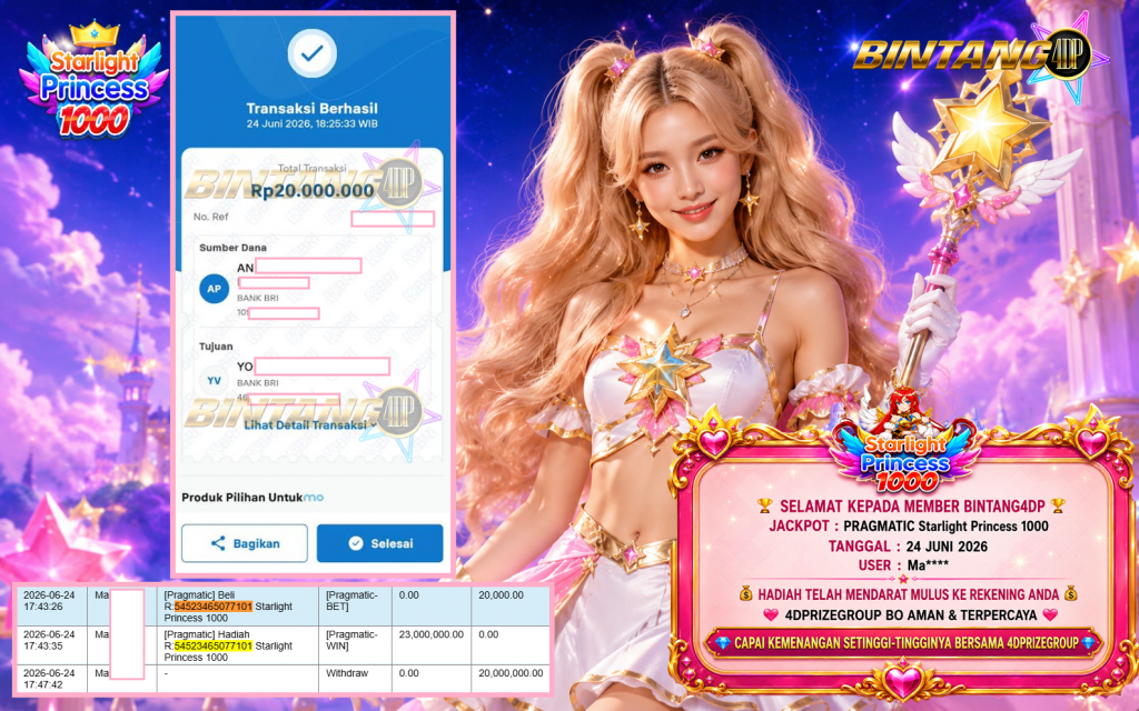 BINTANG4DP JACKPOT PRAGMATIC “Starlight Princess 1000″ Rp20.000.000,- LUNAS