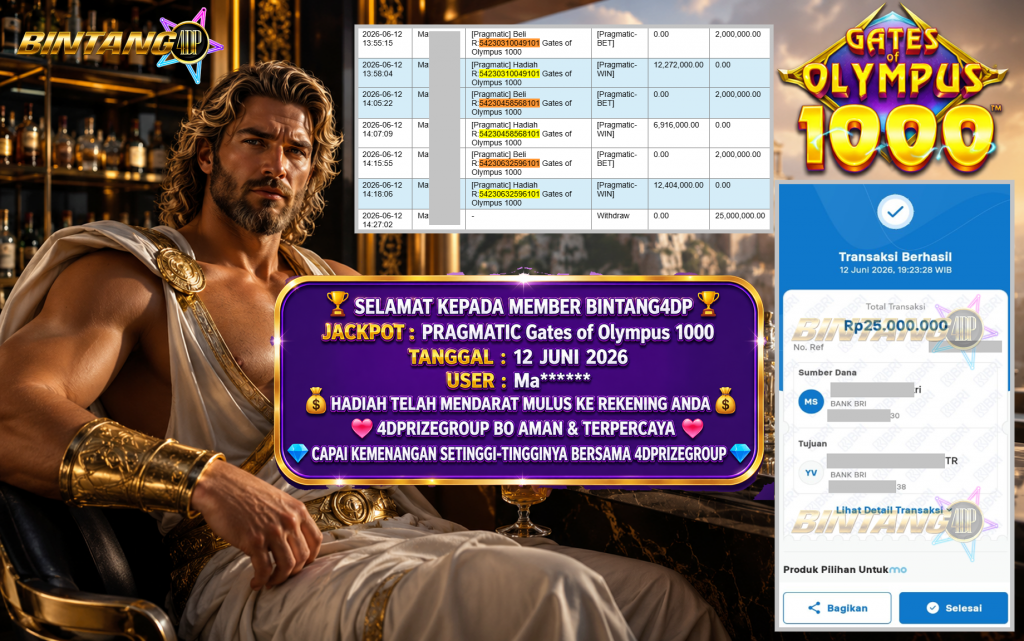 BINTANG4DP JACKPOT PRAGMATIC “Gates of Olympus 1000″‎‏‏‎‎ Rp25.000.000,- LUNAS