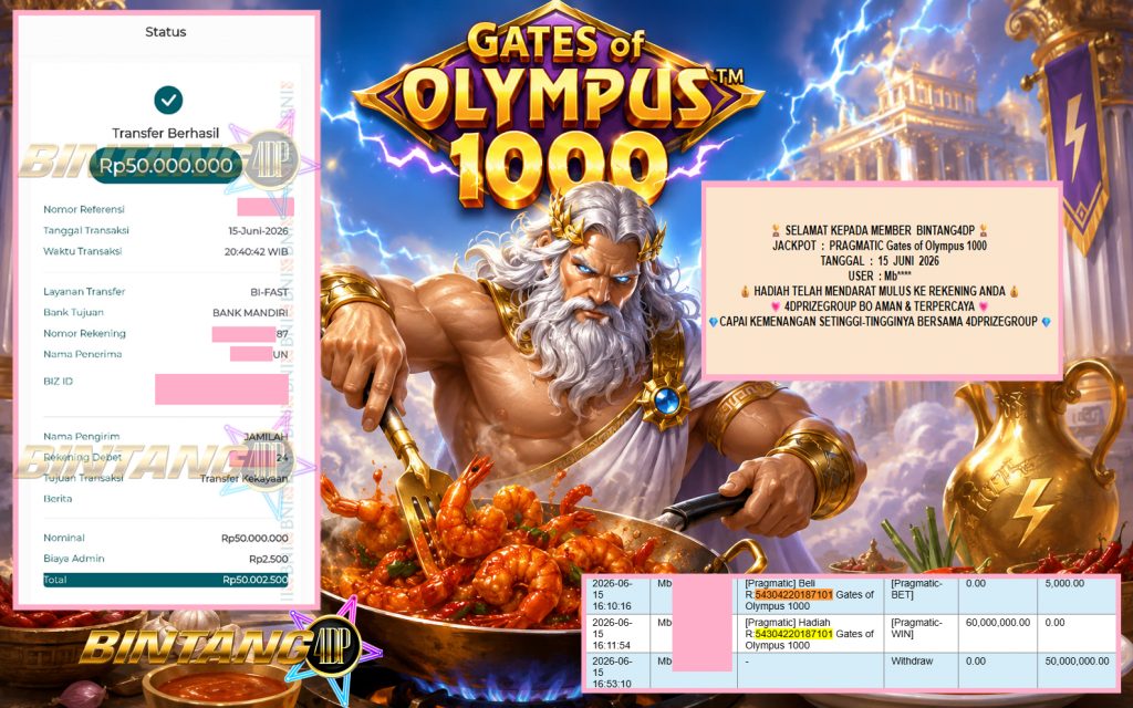 BINTANG4DP JACKPOT PRAGMATIC “Gates of Olympus 1000″‎‏‏‎‎ Rp50.000.000,- LUNAS