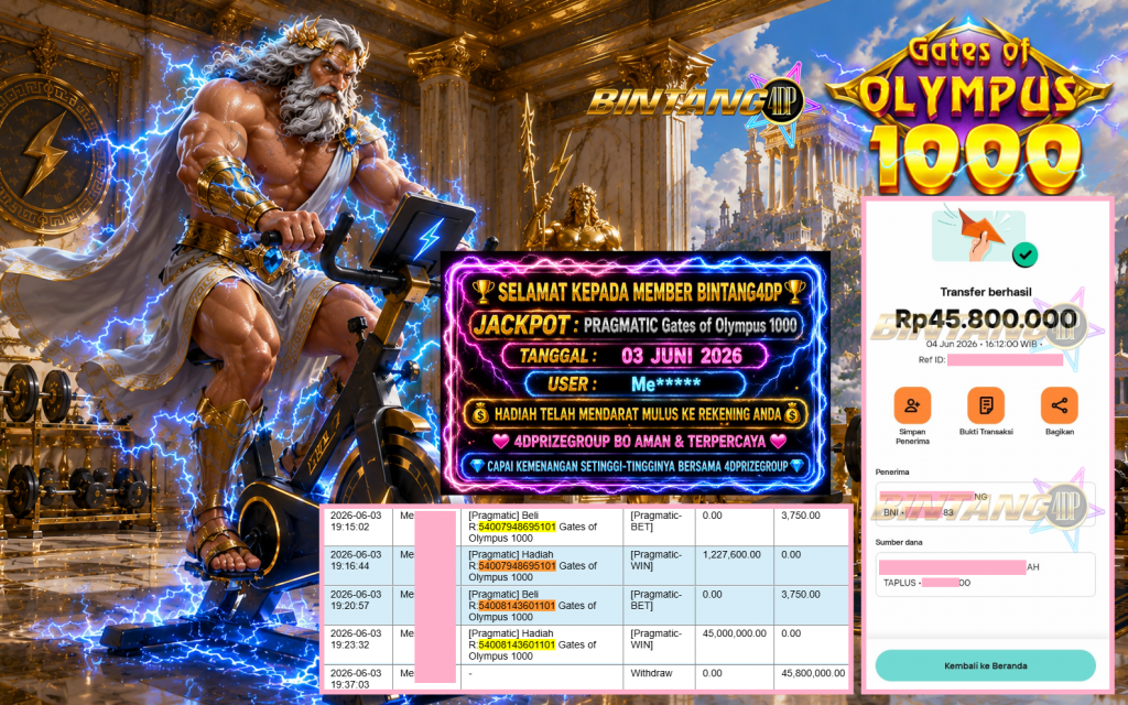 BINTANG4DP JACKPOT PRAGMATIC “Gates of Olympus 1000″‎‏‏‎‎ Rp45.800.000,- LUNAS