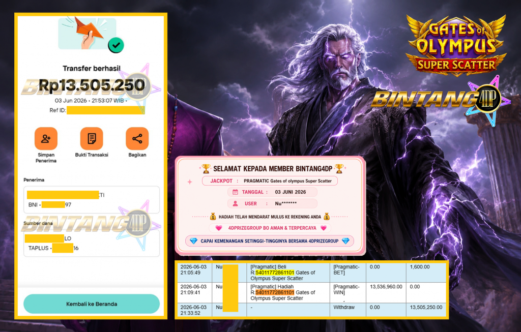 BINTANG4DP JACKPOT PRAGMATIC “Gates of Olympus Super Scatter”‎‏‏‎‎ Rp13.505.250,- LUNAS