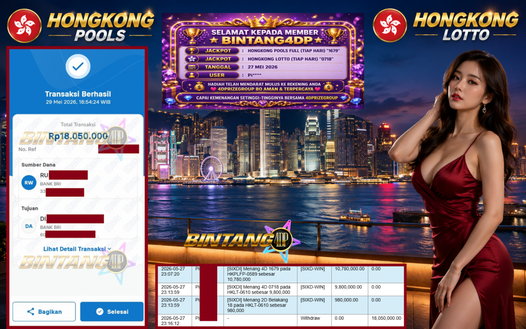 BINTANG4DP JACKPOT HONGKONG POOLS FULL (TIAP HARI) “1679” & HONGKONG LOTTO (TIAP HARI) “0718”‎‏‏‎‎ Rp18.050.000,- LUNAS