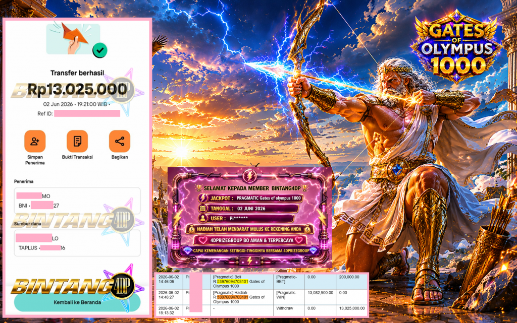 BINTANG4DP JACKPOT PRAGMATIC “Gates of Olympus 1000″‎‏‏‎‎ Rp13.025.000,- LUNAS