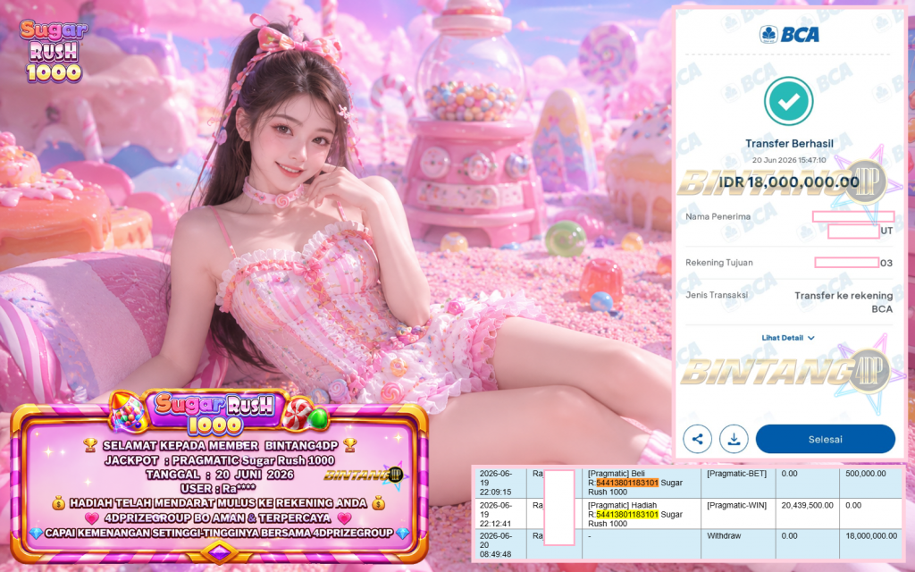 BINTANG4DP JACKPOT PRAGMATIC “Sugar Rush 1000″ Rp18.000.000,- LUNAS