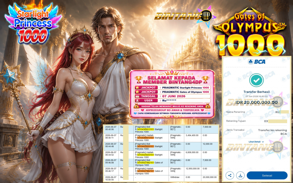 BINTANG4DP JACKPOT PRAGMATIC “Starlight Princess 1000” & “Gates of Olympus 1000″ Rp20.000.000,- LUNAS