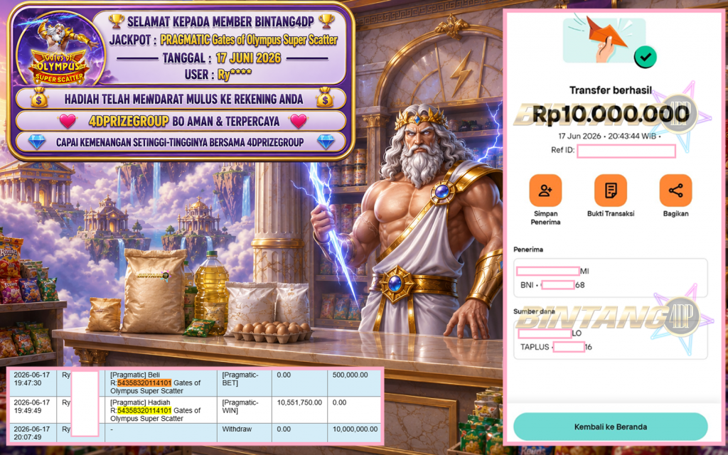 BINTANG4DP JACKPOT PRAGMATIC “Gates of Olympus Super Scatter” Rp10.000.000,- LUNAS