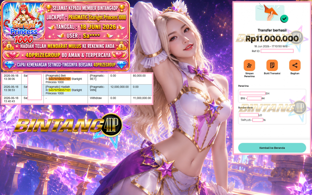 BINTANG4DP JACKPOT PRAGMATIC “Starlight Princess 1000″ Rp11.000.000,- LUNAS
