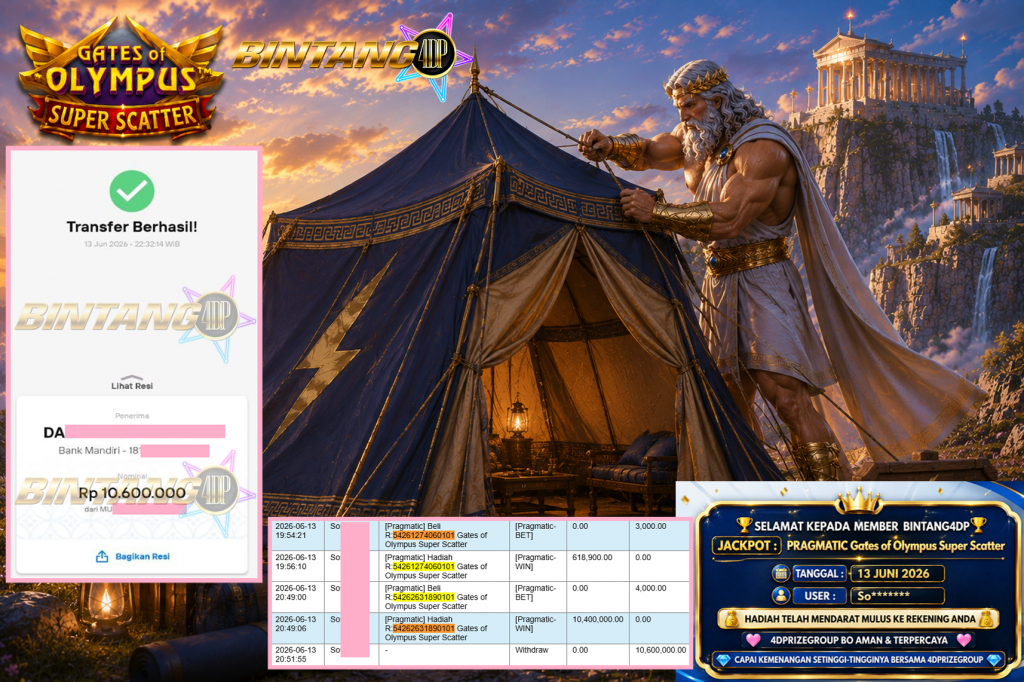 BINTANG4DP JACKPOT PRAGMATIC “Gates of Olympus Super Scatter” Rp10.600.000,- LUNAS