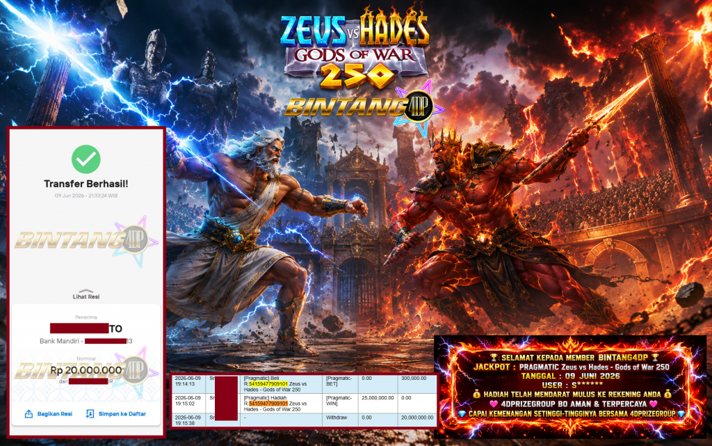 BINTANG4DP JACKPOT PRAGMATIC “Zeus vs Hades – Gods of War 250″ Rp20.000.000,- LUNAS