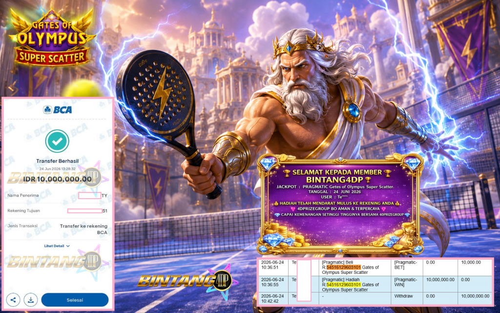 BINTANG4DP JACKPOT PRAGMATIC “Gates of Olympus Super Scatter” Rp10.000.000,- LUNAS