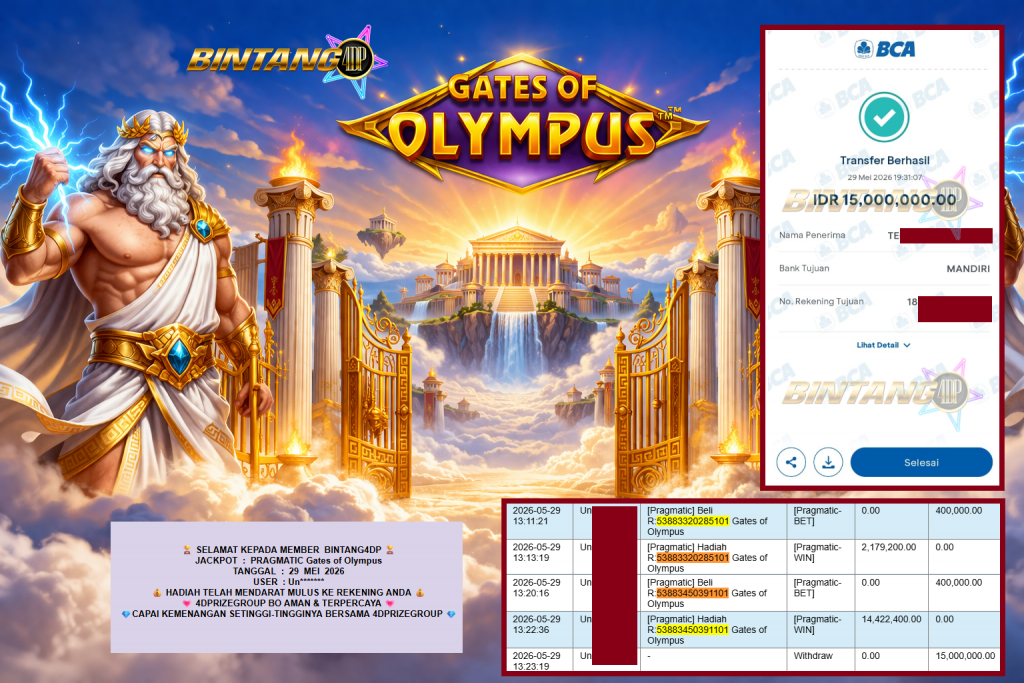 BINTANG4DP JACKPOT PRAGMATIC “Gates of Olympus”‎‏‏‎‎ Rp15.000.000,- LUNAS