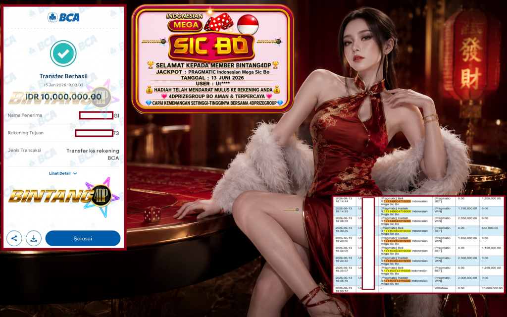 BINTANG4DP JACKPOT PRAGMATIC “Indonesian Mega Sic Bo”‎‏‏‎‎ Rp10.000.000,- LUNAS