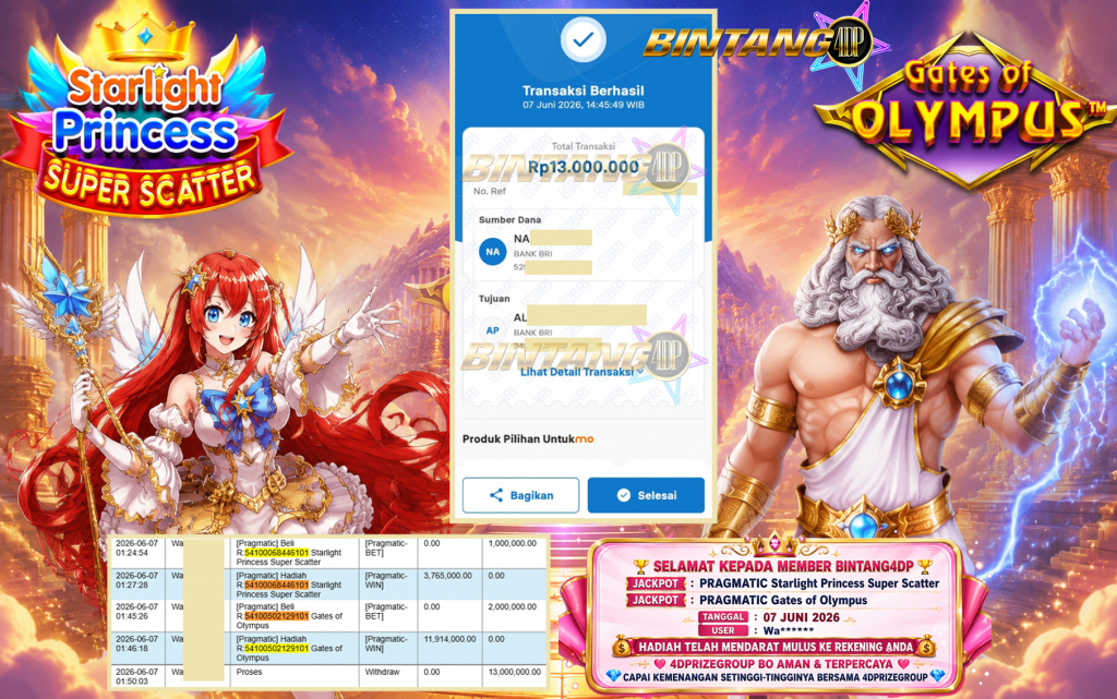 BINTANG4DP JACKPOT PRAGMATIC “Starlight Princess Super Scatter” & “Gates of Olympus” Rp13.000.000,- LUNAS